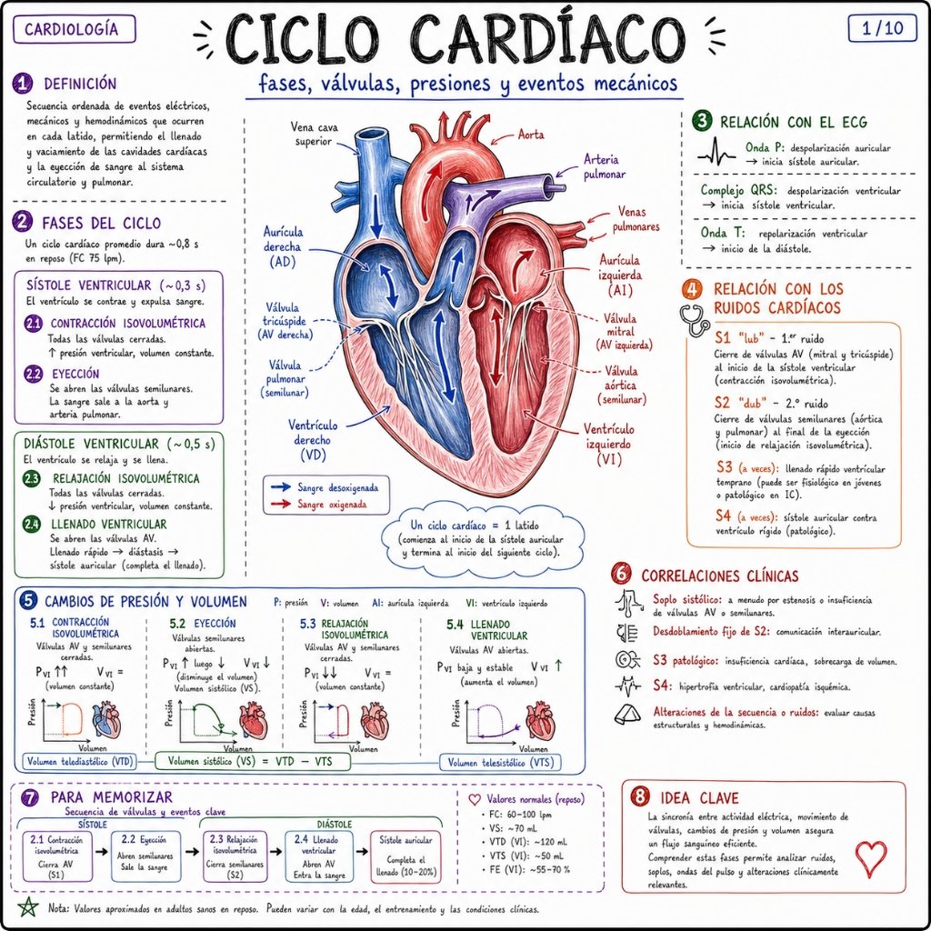 Ciclo Cardíaco: Fases, válvulas, presiones y eventos mecánicos (1/10)