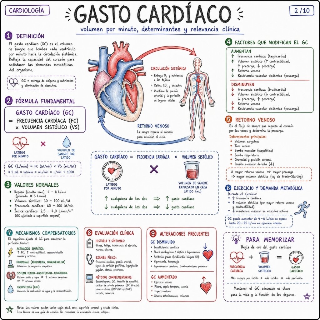 Gasto Cardíaco: Volumen por minuto, determinantes y relevancia clínica (2/10)