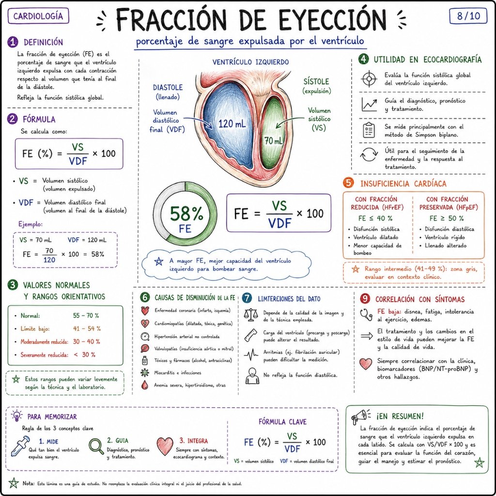 Fracción de Eyección: Porcentaje de sangre expulsada por el ventrículo (8/10)