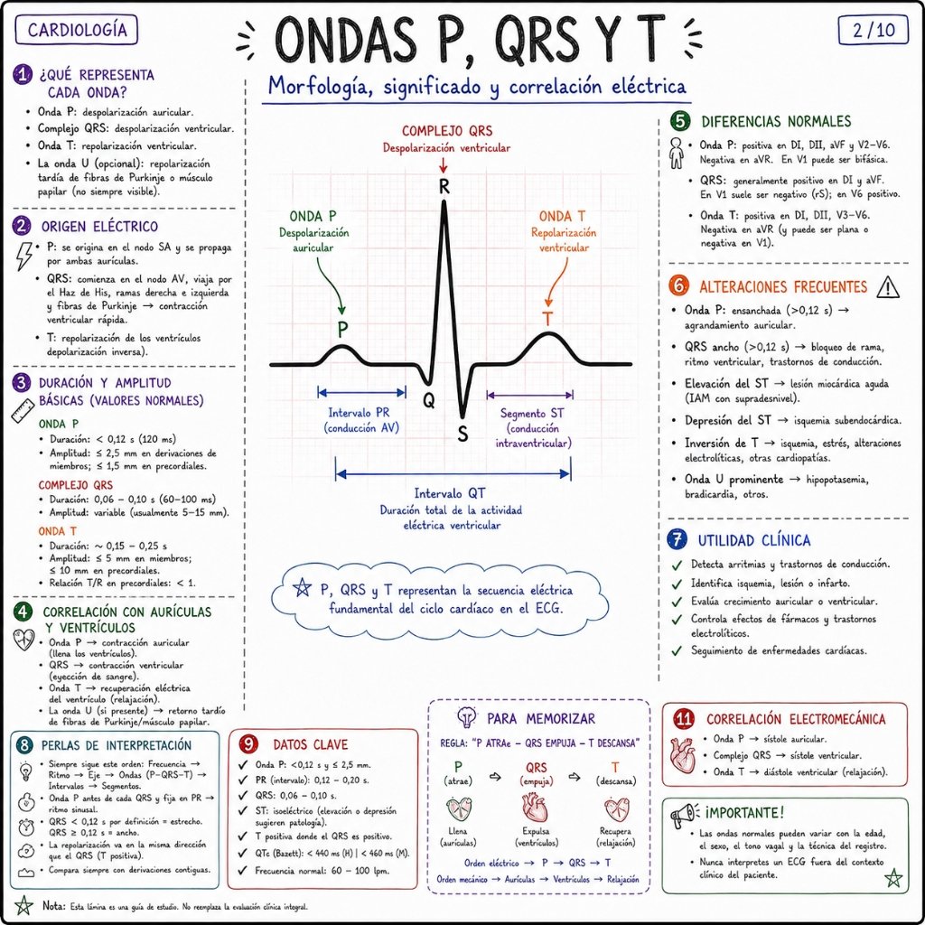 Ondas P, QRS y T: Morfología, significado y correlación eléctrica (2/10)