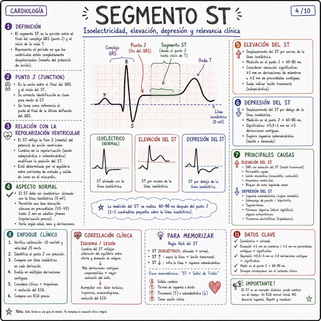 Segmento ST: Isoelectricidad, elevación, depresión y relevancia clínica (4/10)